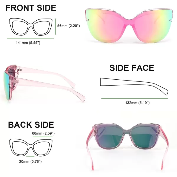 FEISEDY Cat Eye Sunglasses Polarized for Women MenRimless Mirrored Sunglasses Oversized Trendy Retro Sun Glasses B2796002 Transparent Pink Frame Pink Mirror Lens