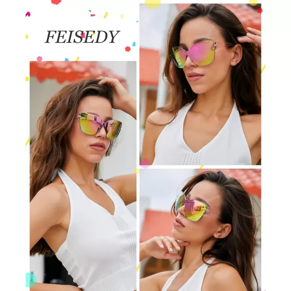 FEISEDY Cat Eye Sunglasses Polarized for Women MenRimless Mirrored Sunglasses Oversized Trendy Retro Sun Glasses B2796002 Transparent Pink Frame Pink Mirror Lens