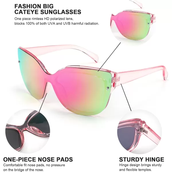 FEISEDY Cat Eye Sunglasses Polarized for Women MenRimless Mirrored Sunglasses Oversized Trendy Retro Sun Glasses B2796002 Transparent Pink Frame Pink Mirror Lens