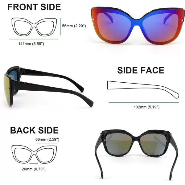 FEISEDY Cat Eye Sunglasses Polarized for Women MenRimless Mirrored Sunglasses Oversized Trendy Retro Sun Glasses B2796004 Bright Black FramePurple Mirror Lens