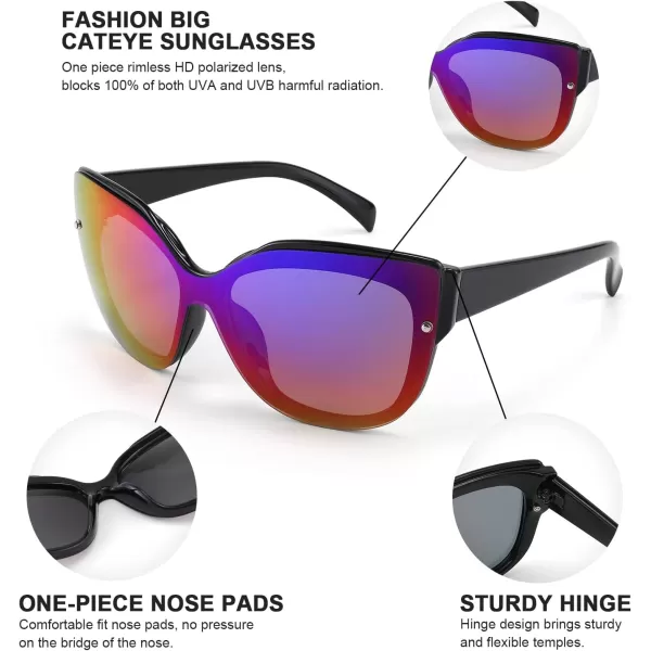 FEISEDY Cat Eye Sunglasses Polarized for Women MenRimless Mirrored Sunglasses Oversized Trendy Retro Sun Glasses B2796004 Bright Black FramePurple Mirror Lens