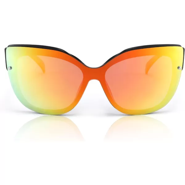 FEISEDY Cat Eye Sunglasses Polarized for Women MenRimless Mirrored Sunglasses Oversized Trendy Retro Sun Glasses B2796005 Bright Black FrameRed Mirror Lens