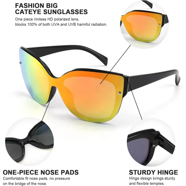 FEISEDY Cat Eye Sunglasses Polarized for Women MenRimless Mirrored Sunglasses Oversized Trendy Retro Sun Glasses B2796005 Bright Black FrameRed Mirror Lens