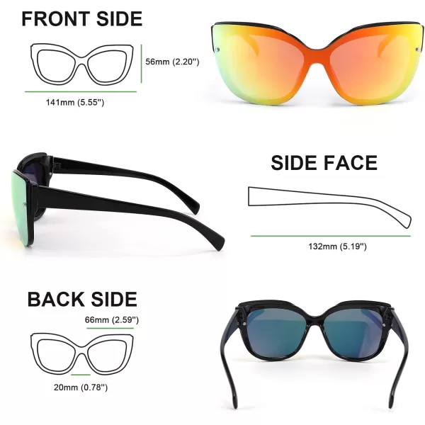 FEISEDY Cat Eye Sunglasses Polarized for Women MenRimless Mirrored Sunglasses Oversized Trendy Retro Sun Glasses B2796005 Bright Black FrameRed Mirror Lens