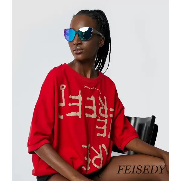 FEISEDY Cat Eye Sunglasses Polarized for Women MenRimless Mirrored Sunglasses Oversized Trendy Retro Sun Glasses B2796006 Transparent Grey FrameBlue Mirror Lens