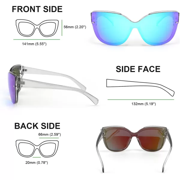 FEISEDY Cat Eye Sunglasses Polarized for Women MenRimless Mirrored Sunglasses Oversized Trendy Retro Sun Glasses B2796006 Transparent Grey FrameBlue Mirror Lens
