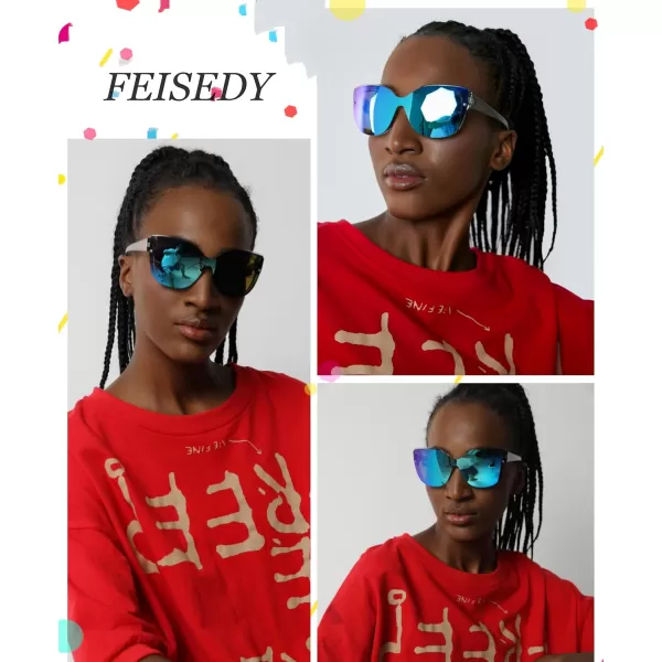 FEISEDY Cat Eye Sunglasses Polarized for Women MenRimless Mirrored Sunglasses Oversized Trendy Retro Sun Glasses B2796006 Transparent Grey FrameBlue Mirror Lens