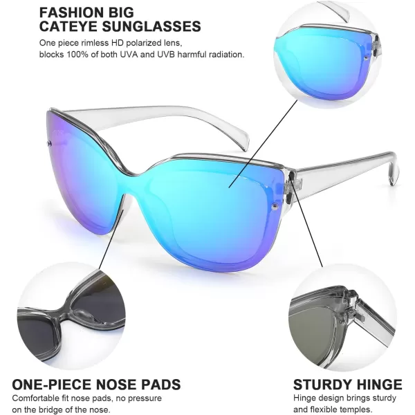 FEISEDY Cat Eye Sunglasses Polarized for Women MenRimless Mirrored Sunglasses Oversized Trendy Retro Sun Glasses B2796006 Transparent Grey FrameBlue Mirror Lens