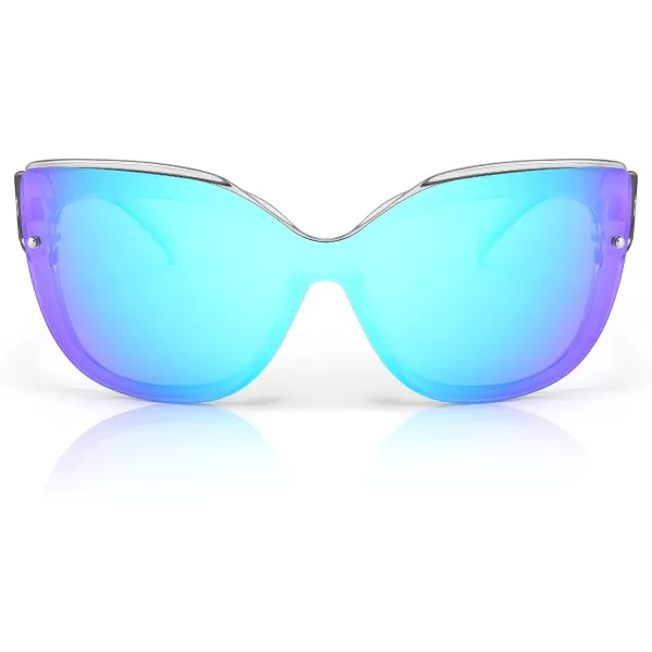 FEISEDY Cat Eye Sunglasses Polarized for Women MenRimless Mirrored Sunglasses Oversized Trendy Retro Sun Glasses B2796006 Transparent Grey FrameBlue Mirror Lens