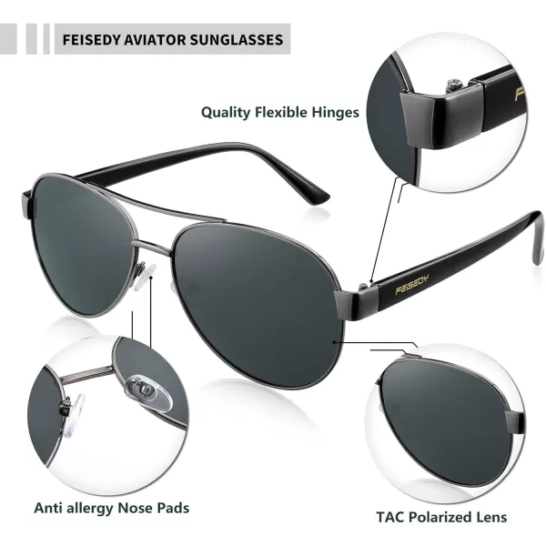 FEISEDY Classic Retro 70s Polarized Pilot Sunglasses for Men Women Driving UV400 Protection B4109Gun Frame Grey Lenses