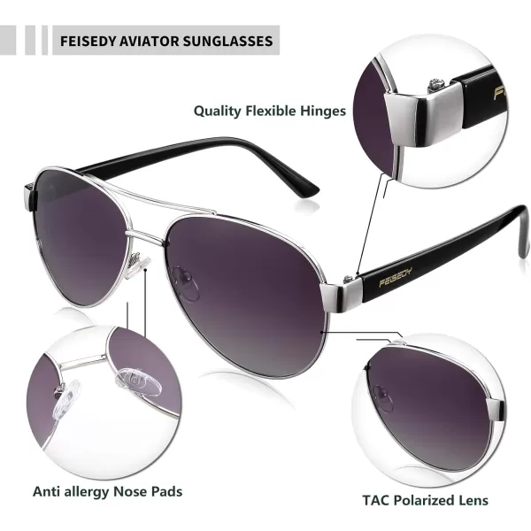 FEISEDY Classic Retro 70s Polarized Pilot Sunglasses for Men Women Driving UV400 Protection B4109Sliver FrameGradient Grey Lenses