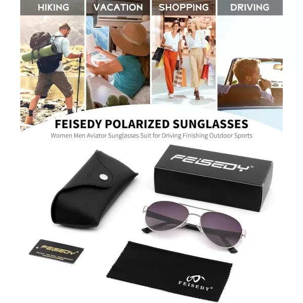 FEISEDY Classic Retro 70s Polarized Pilot Sunglasses for Men Women Driving UV400 Protection B4109Sliver FrameGradient Grey Lenses