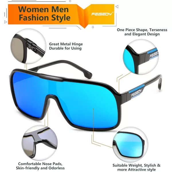 FEISEDY Fashion Polarized Sunglasses Oversized One Piece Reflective Lens Sports Sun Glasses B0122BlackBlue Mirror