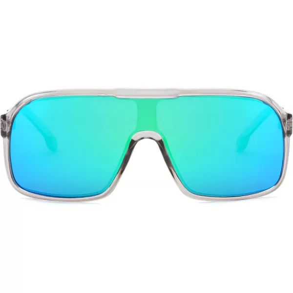 FEISEDY Fashion Polarized Sunglasses Oversized One Piece Reflective Lens Sports Sun Glasses B0122Transparent GreyGreen Mirror