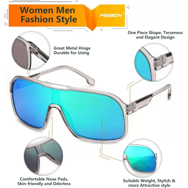 FEISEDY Fashion Polarized Sunglasses Oversized One Piece Reflective Lens Sports Sun Glasses B0122Transparent GreyGreen Mirror
