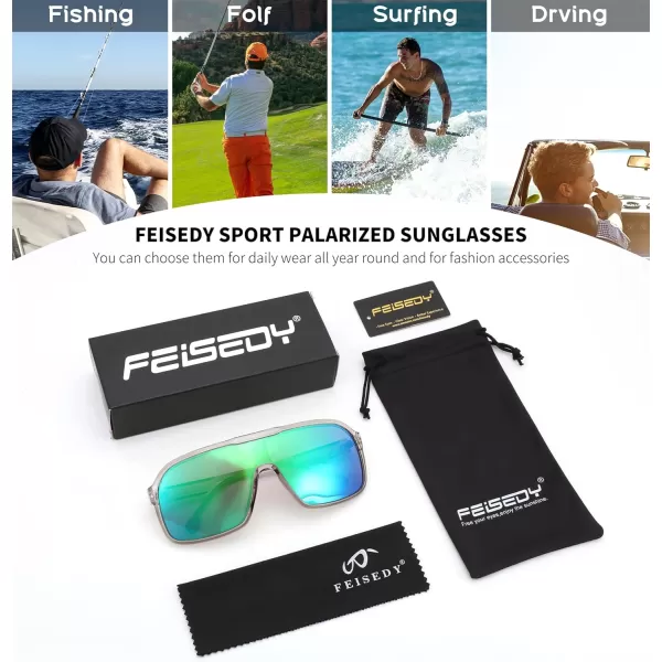 FEISEDY Fashion Polarized Sunglasses Oversized One Piece Reflective Lens Sports Sun Glasses B0122Transparent GreyGreen Mirror