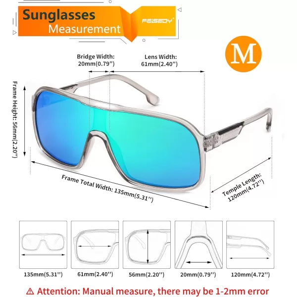 FEISEDY Fashion Polarized Sunglasses Oversized One Piece Reflective Lens Sports Sun Glasses B0122Transparent GreyGreen Mirror