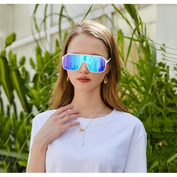 FEISEDY Fashion Polarized Sunglasses Oversized One Piece Reflective Lens Sports Sun Glasses B0122WhiteBlue Mirror