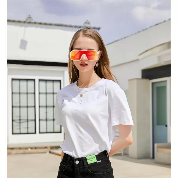 FEISEDY Fashion Polarized Sunglasses Oversized One Piece Reflective Lens Sports Sun Glasses B0122WhiteRed Mirror