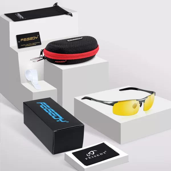 FEISEDY Mens Sports Polarized Sunglasses UV Protection Sunglasses for Men Cycling Driving B2442Night Vision Yellow Lens Grey Frame