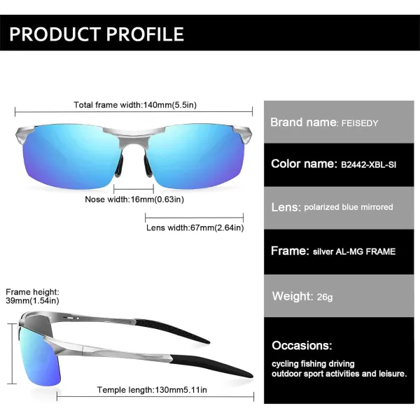 FEISEDY Mens Sports Polarized Sunglasses UV Protection Sunglasses for Men Cycling Driving B2442Polarized Blue Mirror Silver Frame