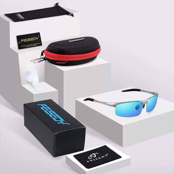 FEISEDY Mens Sports Polarized Sunglasses UV Protection Sunglasses for Men Cycling Driving B2442Polarized Blue Mirror Silver Frame