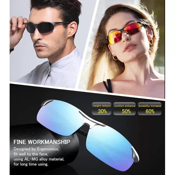 FEISEDY Mens Sports Polarized Sunglasses UV Protection Sunglasses for Men Cycling Driving B2442Polarized Blue Mirror Silver Frame