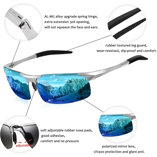 FEISEDY Mens Sports Polarized Sunglasses UV Protection Sunglasses for Men Cycling Driving B2442Polarized Blue Mirror Silver Frame