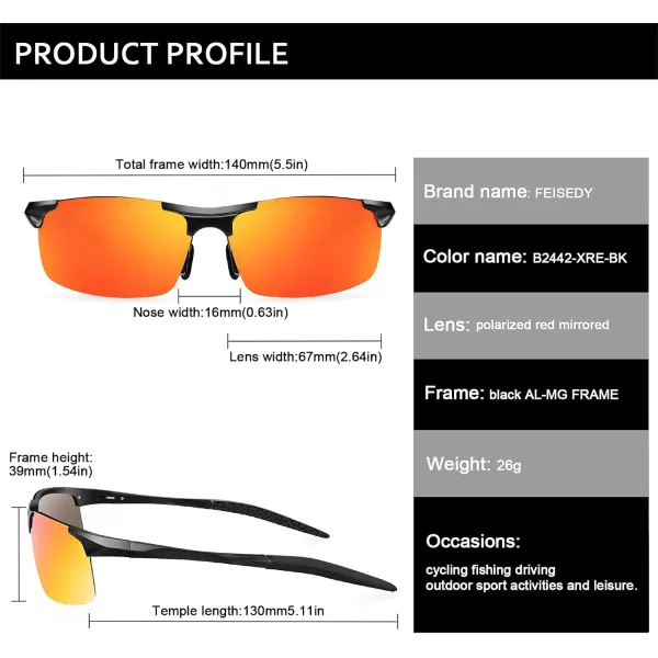 FEISEDY Mens Sports Polarized Sunglasses UV Protection Sunglasses for Men Cycling Driving B2442Polarized Red Mirror Black Frame