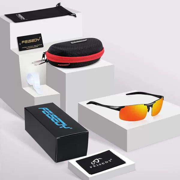 FEISEDY Mens Sports Polarized Sunglasses UV Protection Sunglasses for Men Cycling Driving B2442Polarized Red Mirror Black Frame