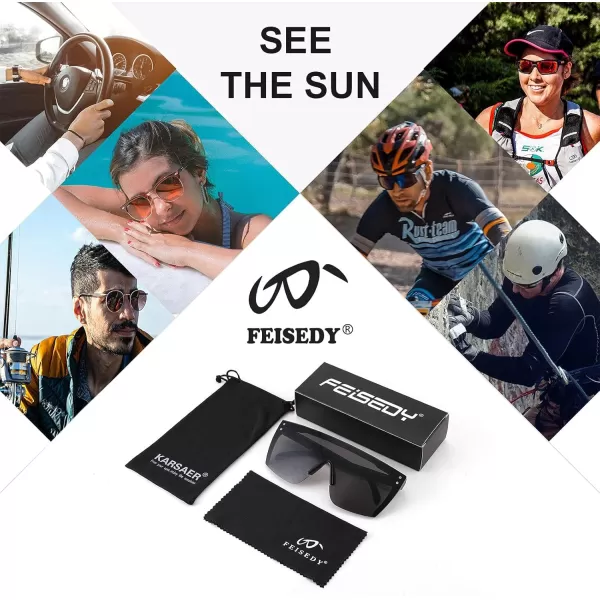 FEISEDY Mirrored Oversized Rimless Sunglasses for Women Men Flat Top Shield Wrap Square UV400 B2761Black