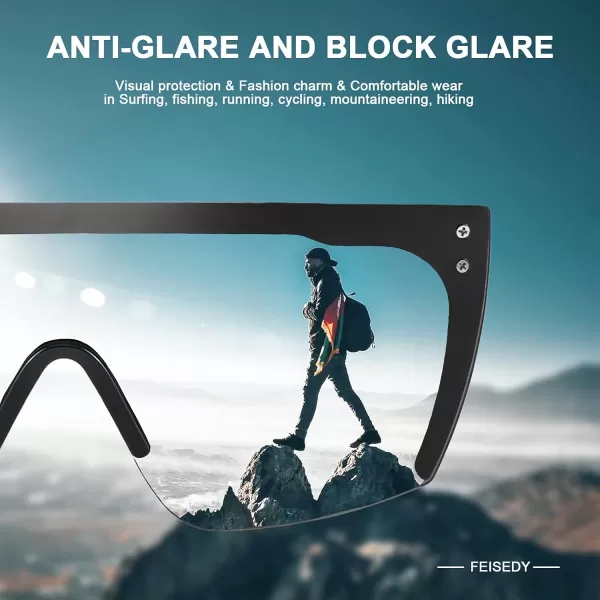 FEISEDY Mirrored Oversized Rimless Sunglasses for Women Men Flat Top Shield Wrap Square UV400 B2761Black