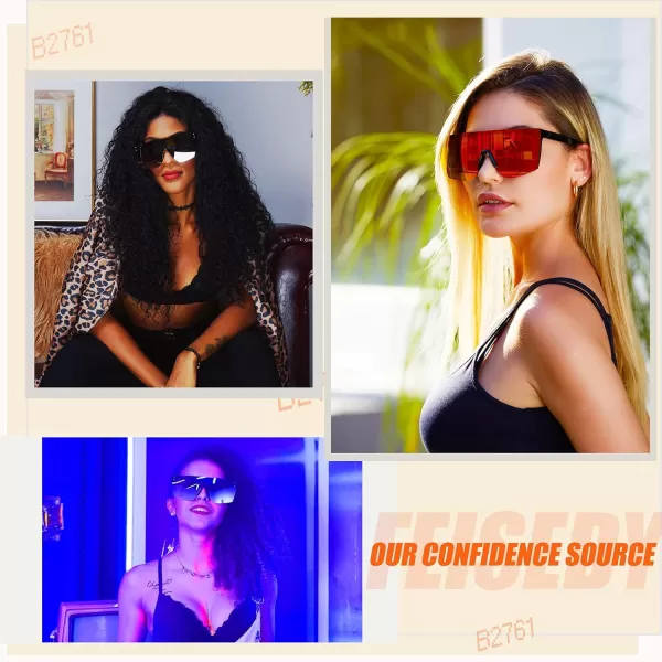 FEISEDY Mirrored Oversized Rimless Sunglasses for Women Men Flat Top Shield Wrap Square UV400 B2761Black