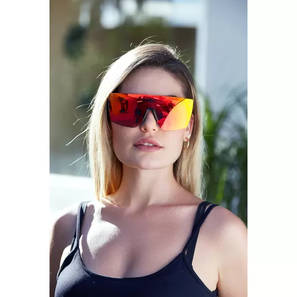 FEISEDY Mirrored Oversized Rimless Sunglasses for Women Men Flat Top Shield Wrap Square UV400 B2761Green Glod Mirrored