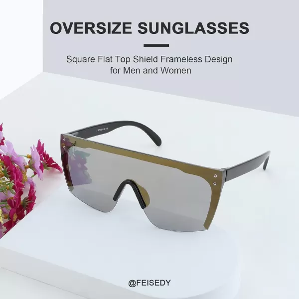 FEISEDY Mirrored Oversized Rimless Sunglasses for Women Men Flat Top Shield Wrap Square UV400 B2761Green Glod Mirrored