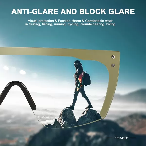 FEISEDY Mirrored Oversized Rimless Sunglasses for Women Men Flat Top Shield Wrap Square UV400 B2761Green Glod Mirrored