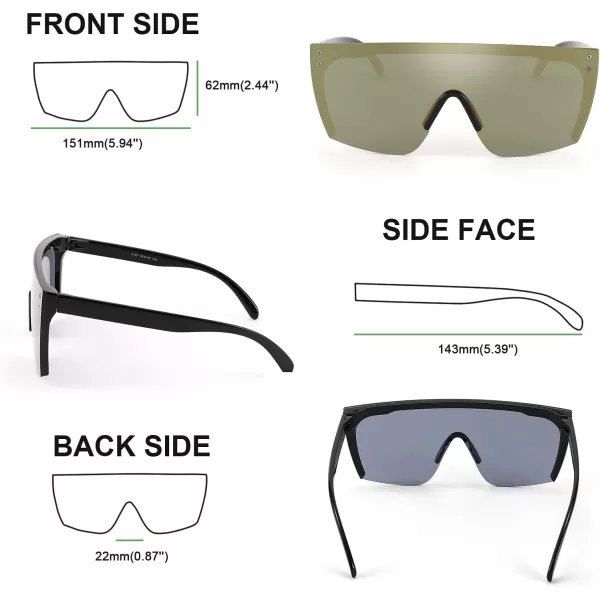 FEISEDY Mirrored Oversized Rimless Sunglasses for Women Men Flat Top Shield Wrap Square UV400 B2761Green Glod Mirrored