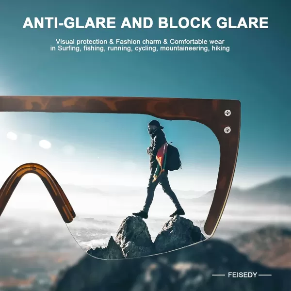 FEISEDY Mirrored Oversized Rimless Sunglasses for Women Men Flat Top Shield Wrap Square UV400 B2761Leopard