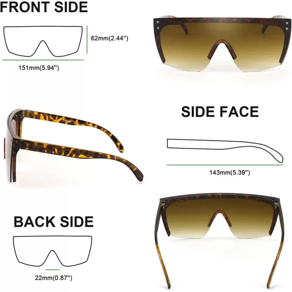 FEISEDY Mirrored Oversized Rimless Sunglasses for Women Men Flat Top Shield Wrap Square UV400 B2761Leopard