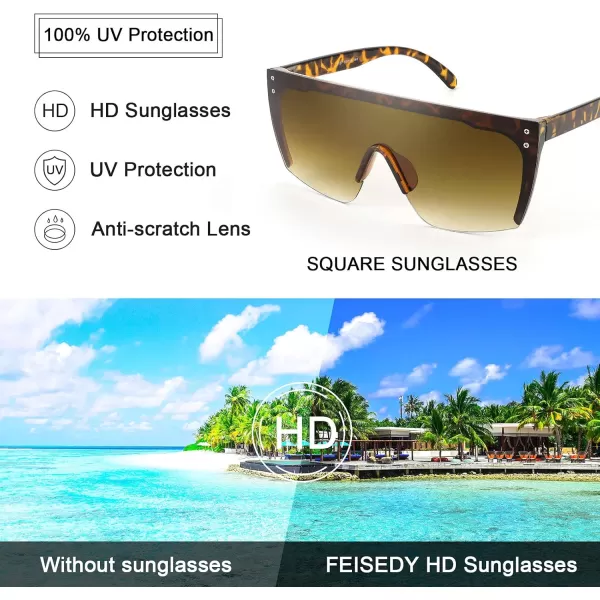 FEISEDY Mirrored Oversized Rimless Sunglasses for Women Men Flat Top Shield Wrap Square UV400 B2761Leopard