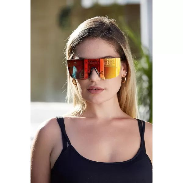 FEISEDY Mirrored Oversized Rimless Sunglasses for Women Men Flat Top Shield Wrap Square UV400 B2761Red Mirrored
