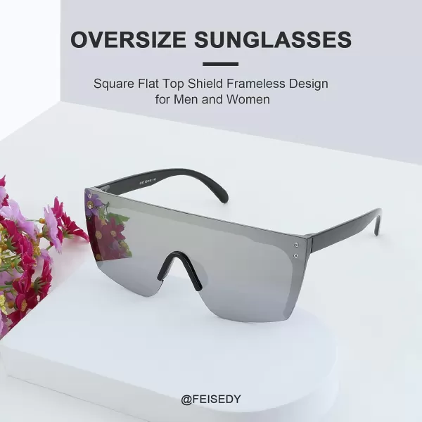 FEISEDY Mirrored Oversized Rimless Sunglasses for Women Men Flat Top Shield Wrap Square UV400 B2761Silver Mirrored