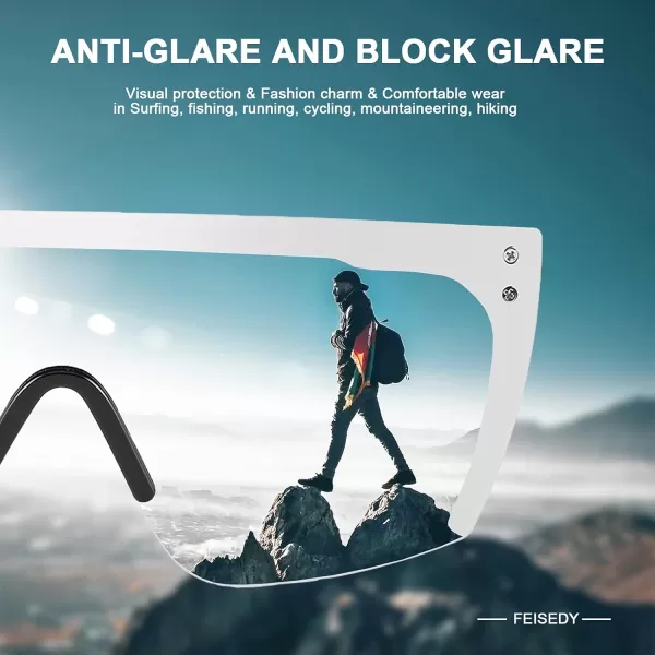 FEISEDY Mirrored Oversized Rimless Sunglasses for Women Men Flat Top Shield Wrap Square UV400 B2761Silver Mirrored