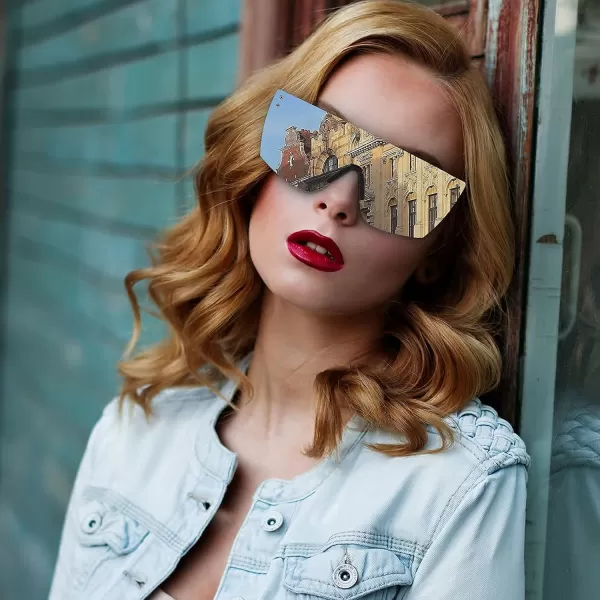 FEISEDY Mirrored Oversized Rimless Sunglasses for Women Men Flat Top Shield Wrap Square UV400 B2761Silver Mirrored