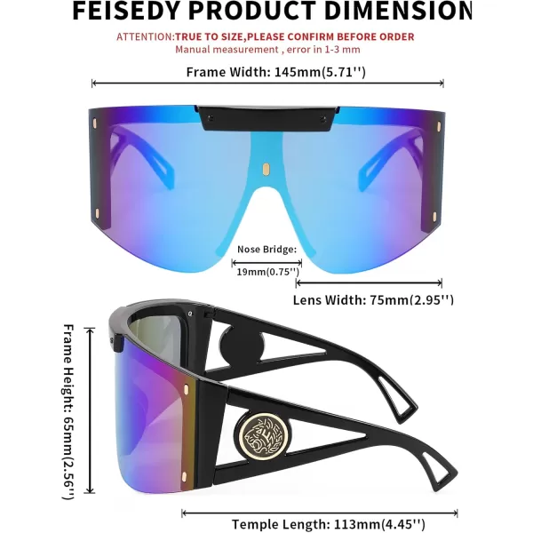 FEISEDY One Piece Oversized Sunglasses for Men Women Big Shades Wrap Shield Sunglasses for Cycling Driving Vacation B4027Black Frame  Blue Mirrored Lens