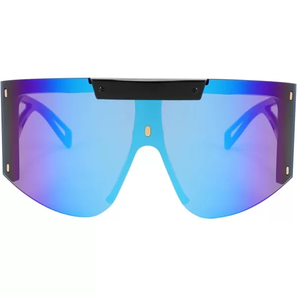FEISEDY One Piece Oversized Sunglasses for Men Women Big Shades Wrap Shield Sunglasses for Cycling Driving Vacation B4027Black Frame  Blue Mirrored Lens
