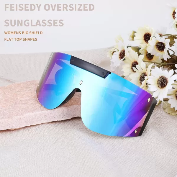 FEISEDY One Piece Oversized Sunglasses for Men Women Big Shades Wrap Shield Sunglasses for Cycling Driving Vacation B4027Black Frame  Blue Mirrored Lens