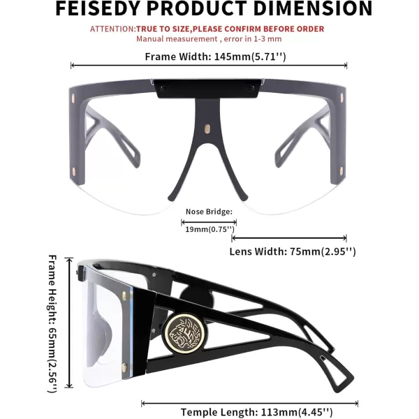 FEISEDY One Piece Oversized Sunglasses for Men Women Big Shades Wrap Shield Sunglasses for Cycling Driving Vacation B4027Black Frame  Clear Lens