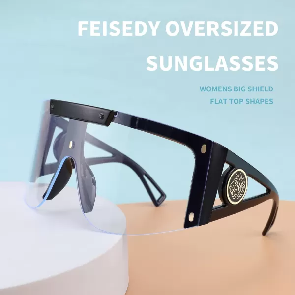 FEISEDY One Piece Oversized Sunglasses for Men Women Big Shades Wrap Shield Sunglasses for Cycling Driving Vacation B4027Black Frame  Clear Lens