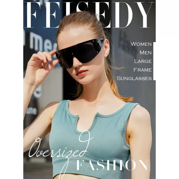 FEISEDY One Piece Oversized Sunglasses for Men Women Big Shades Wrap Shield Sunglasses for Cycling Driving Vacation B4027Black Frame  Grey Lens